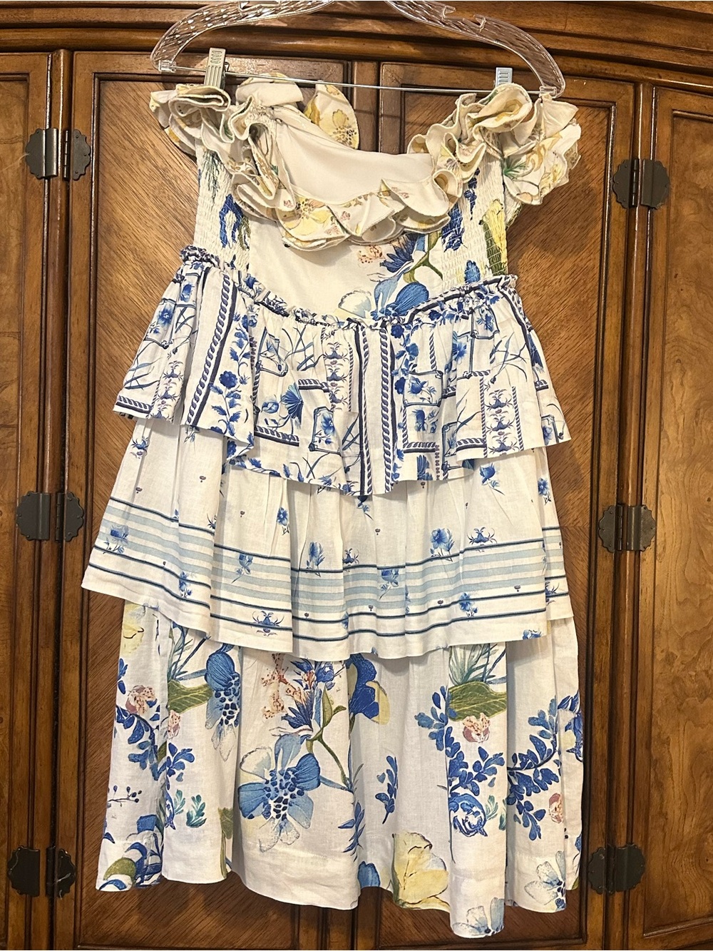 Maeve Anthropologie Linen Strapless Ruffle Tiered Floral Dress L - Picture 4 of 12